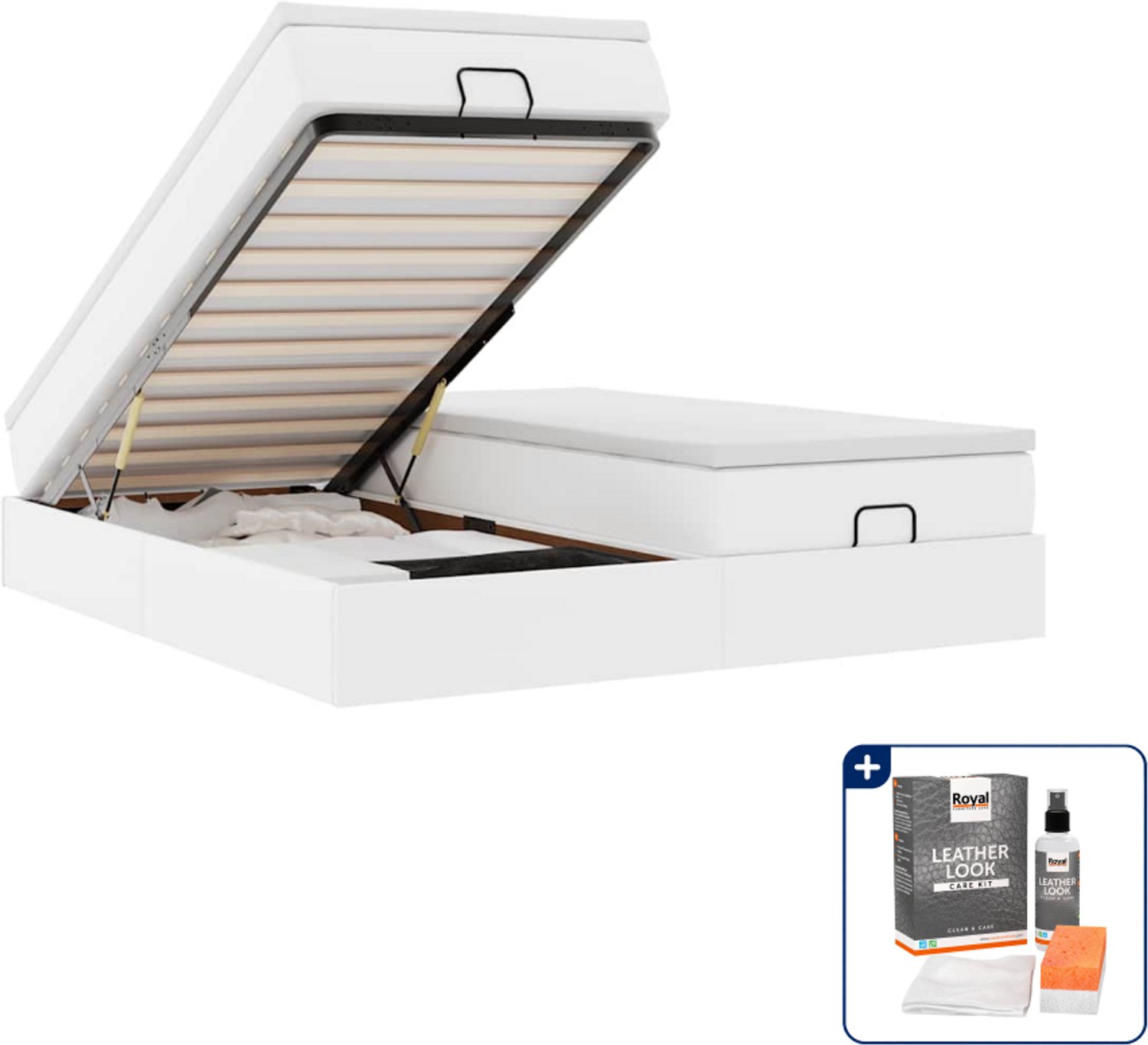 vidaXL Kingsize ottoman bed met matrassen - 180 x 200 cm - wit - Inclusief onderhoudsset voor kunstleer 150 ml Bruin