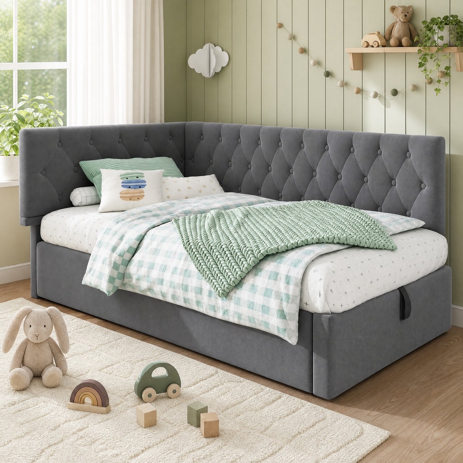 Maisentiel Gestoffeerde bedbank 90 x 190 cm - Grijs fluweel - Opbergruimte en lattenbodem