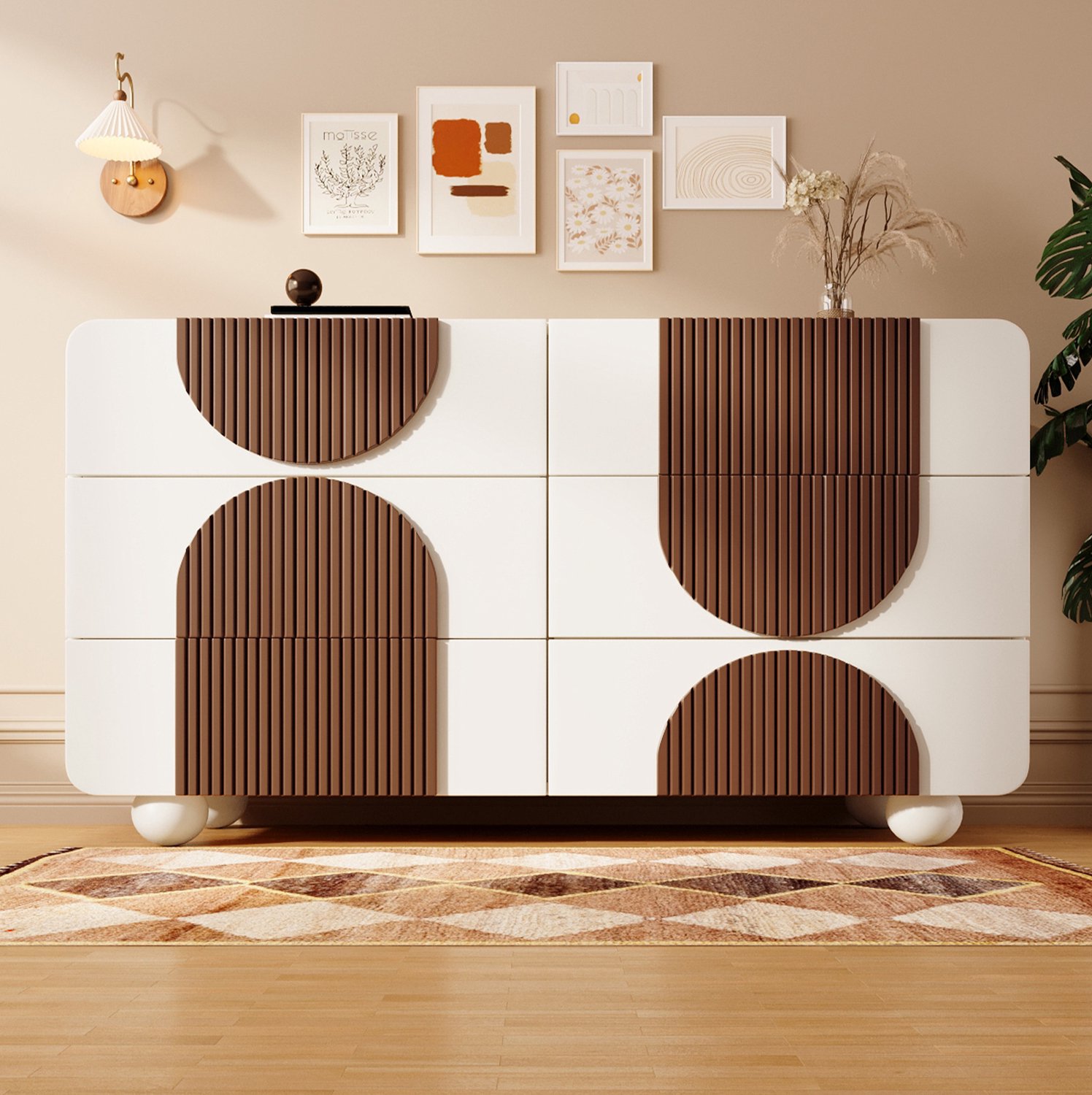 Maisentiel Ladekast met 6 lades - wit met bruine houten latten - 121 x 41 x 71 cm Wit met donkerbruine accenten