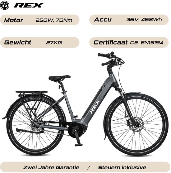 REX MIK-dragersysteem, 70 Nm Middenmotor, Shimano 7 Versnellingen, Commuter+, 28 Inch Elektrische Stadsfiets, Dames en Heren, Elektrische Fiets, Blauw — afbeelding 5