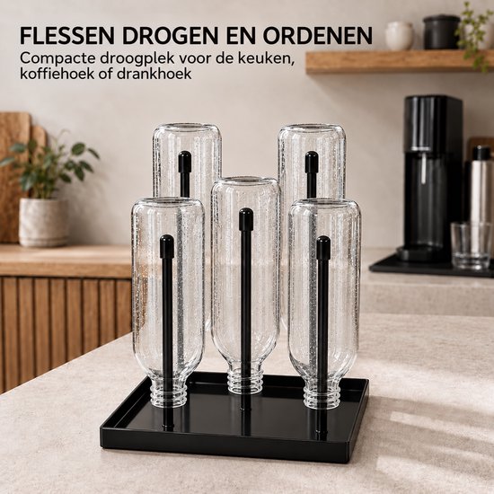 Flessen Droogrek voor Waterflessen - Afdruiprek met 5 Stangen en Opvangbak - Compact Flessenrek voor Keuken — afbeelding 5
