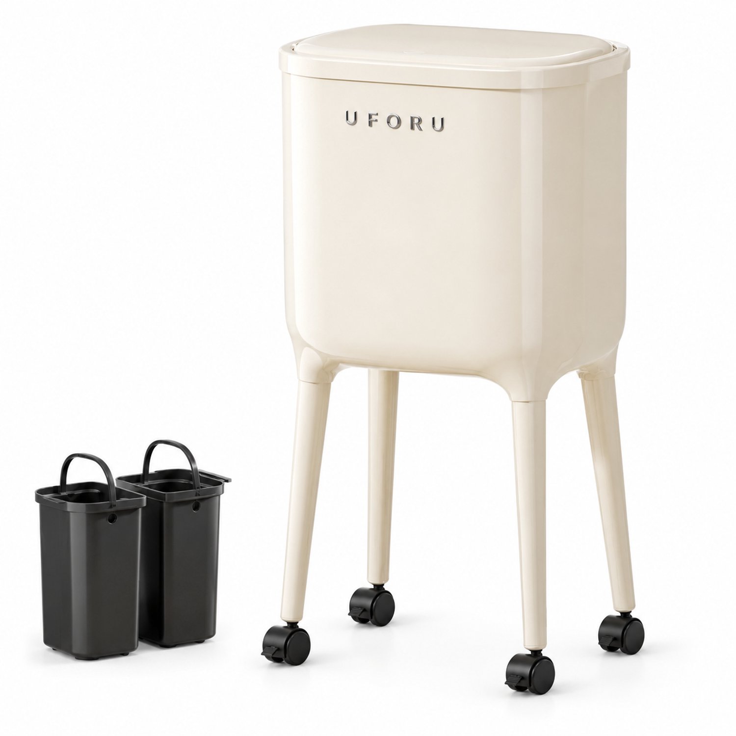 Prullenbak op hoge poten met deksel en wielen - 16 l (2 x 8 l) - Crèmewit - Voor keuken en woonkamer - 1 stuk
