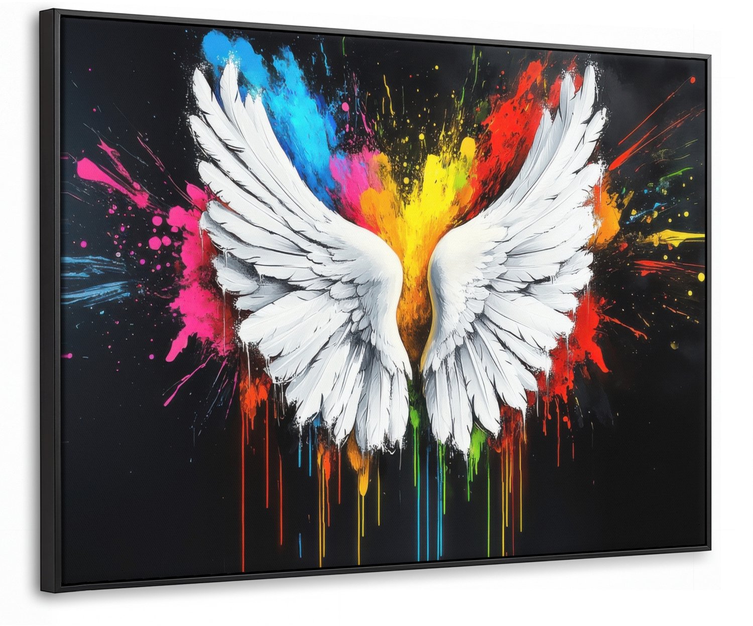 Canvas Schilderij met Baklijst 100x70cm - Vleugels - Verfspatten - Kleurrijk - Muurdecoratie woonkamer - Slaapkamer decoratie - Kamer accessoires - Schilderijen op canvas met lijst