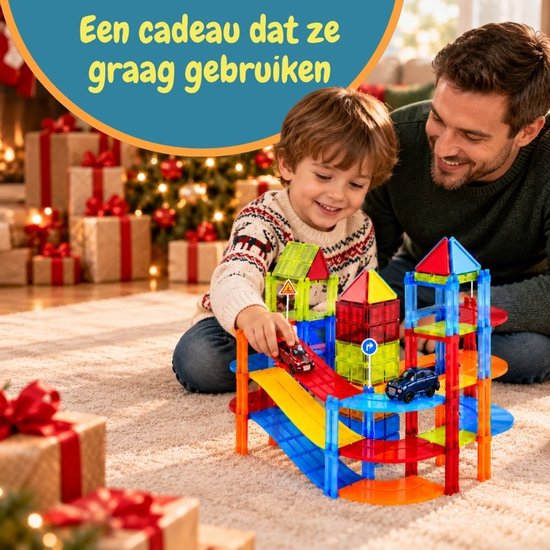 Vader en kind spelen met een kleurrijke magnetische racebaan. Tekst: Een cadeau dat ze graag gebruiken.