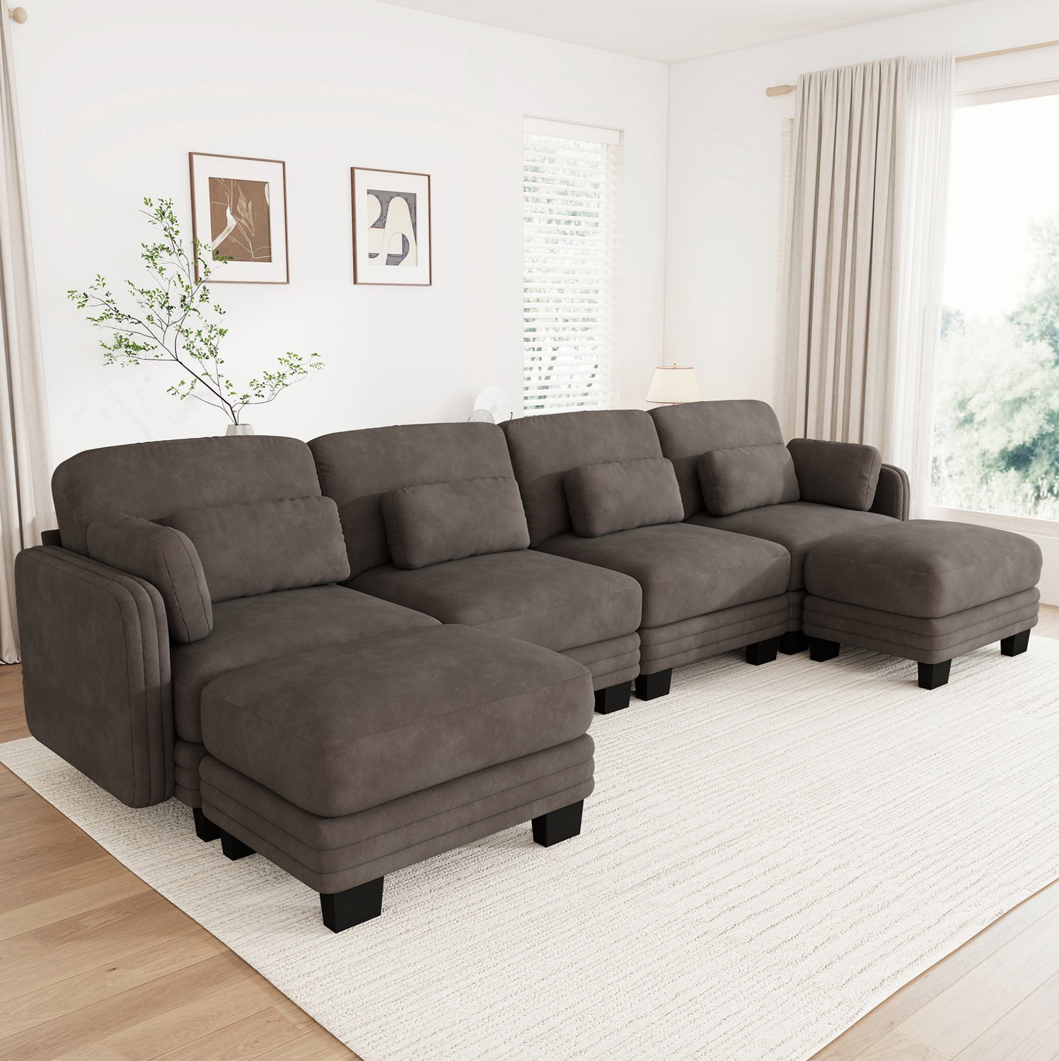 OKWISH U-bank 330 x 143 x 88 cm - 4 Zitplaatsen en Modulair met 2 Hockers - Voor Woonkamer en Appartement - Chenille en Hout - Bruin