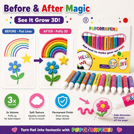 12-kleur popcorn pen, 3D DIY bubble popcorn Tekening pen — afbeelding 2