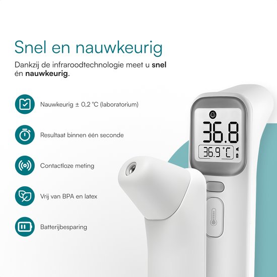 Mecura Oorthermometer Kinderen & Volwassenen - Koortsthermometer Oor & Voorhoofd - Digitale Infrarood Baby Thermometer - Temperatuurmeter Lichaam - Meet in 1 Seconde - Koortswaarschuwing in Kleur - Stille Modus - Geheugen 40 Metingen