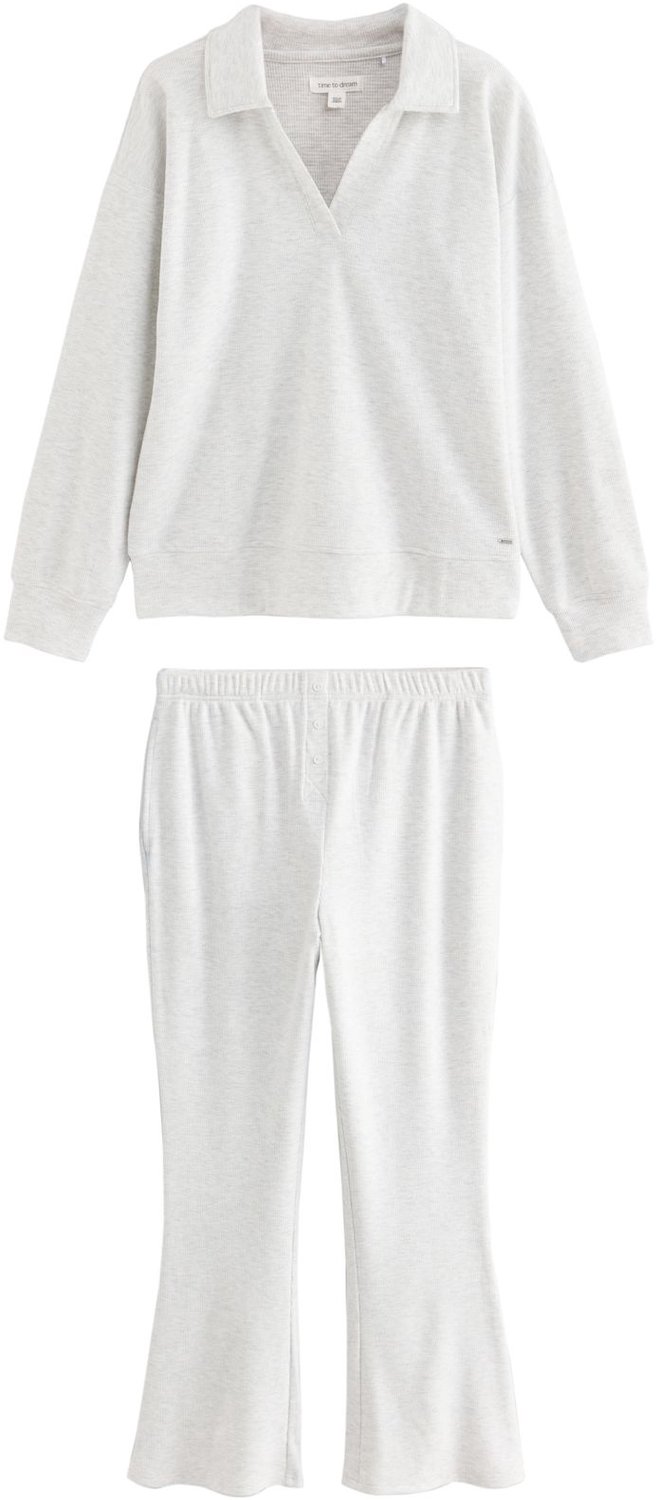 Next Dames - Zachte Petite rugbypyjama met lange mouwen en wafelstructuur - Petite - Grijs Grey