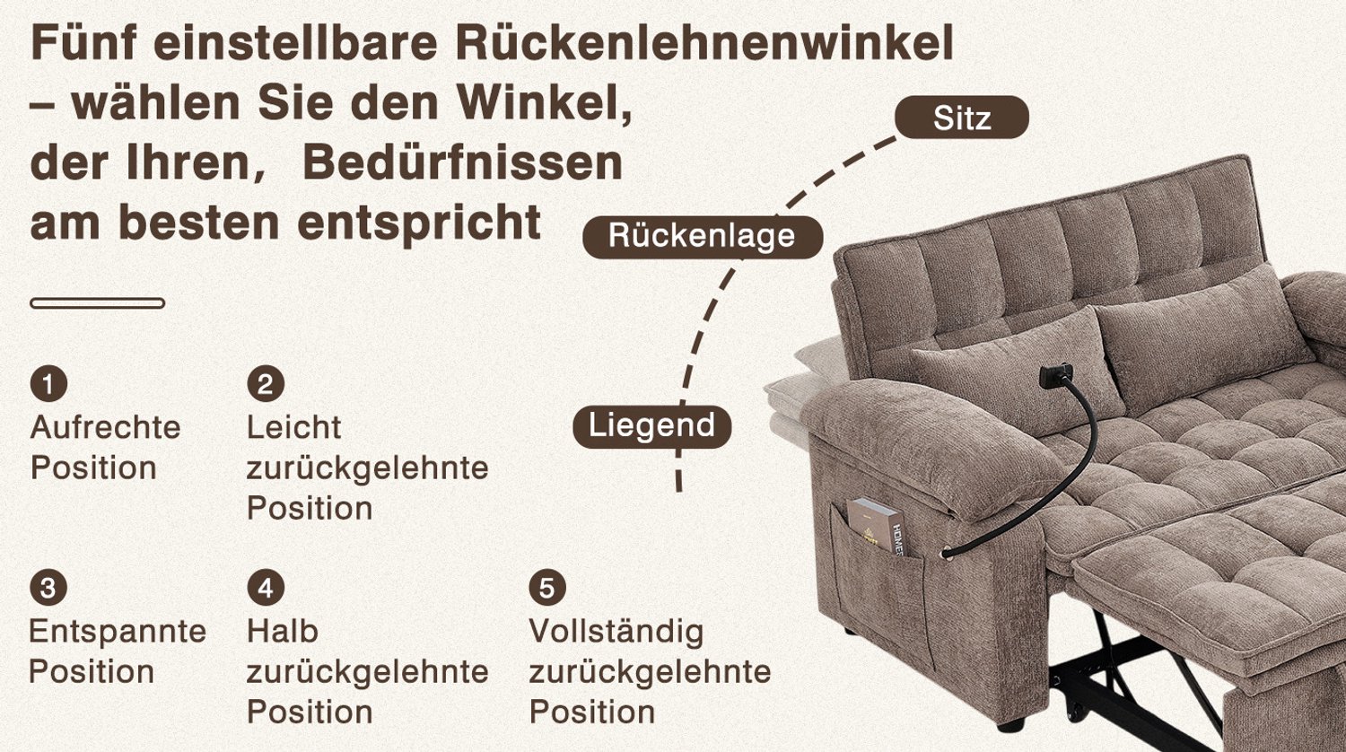 MODENUIT Slaapbank 142 cm - Verstelbare Rugleuning en Opbergruimte - Voor Woonkamer - Chenille - Bruin