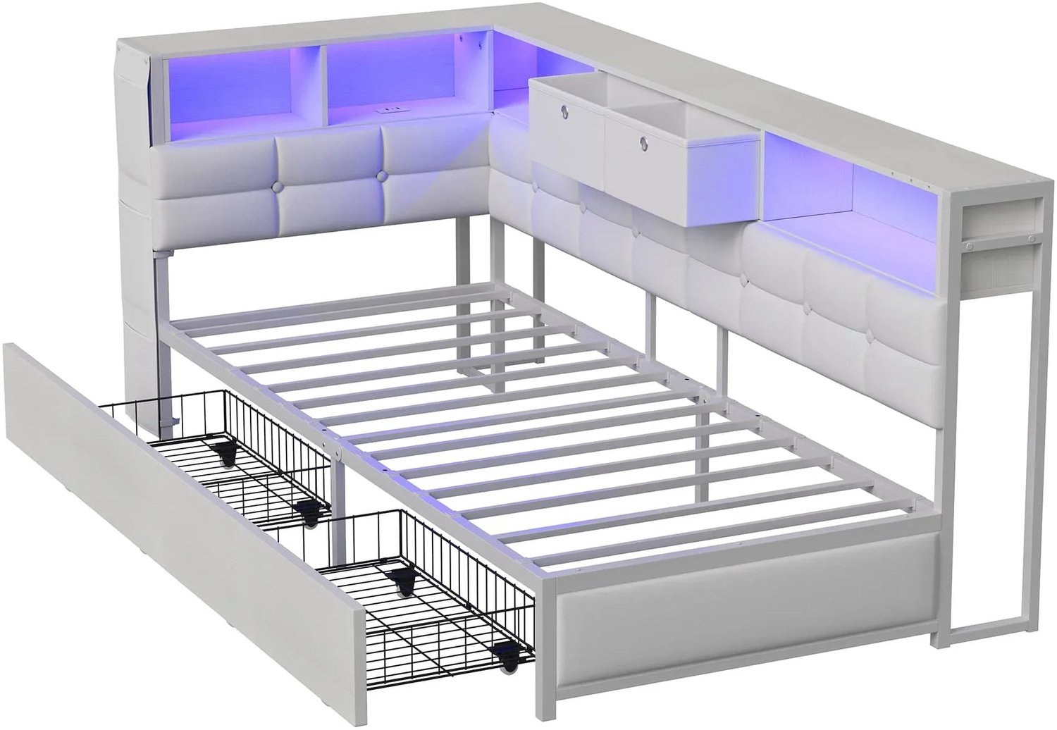 Vurnomi Eenpersoonsbed - Slaapbank - Bedbank - Eenpersoonsbed 90x200 - Bed met led - Eenpersoonsbed met opbergruimte - USB -Wit