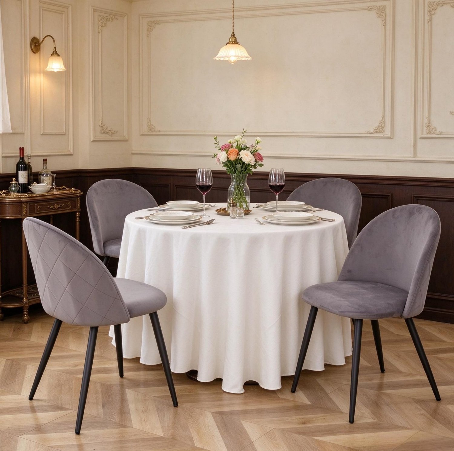 DESMIU Eetkamerstoelen - Set van 4 - Gebogen Rugleuning en Zachte Zitting - Voor Eetkamer en Keuken - Fluweel en Metaal - Grijs
