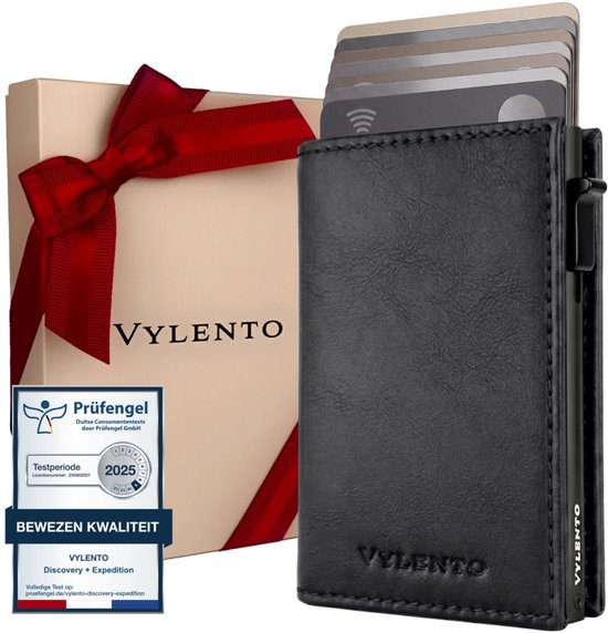 Zwarte Vylento pasjeshouder met uitschuifbare kaarten voor een luxe geschenkdoos met rode strik.