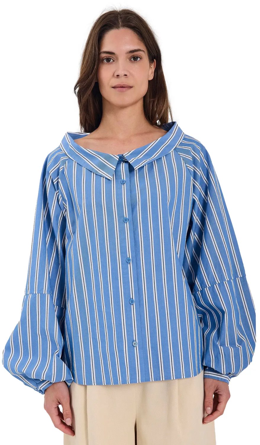 Gestreept casual longesleeve shirt met brede kraag voor dames Norr Shala Blauwe Strepen