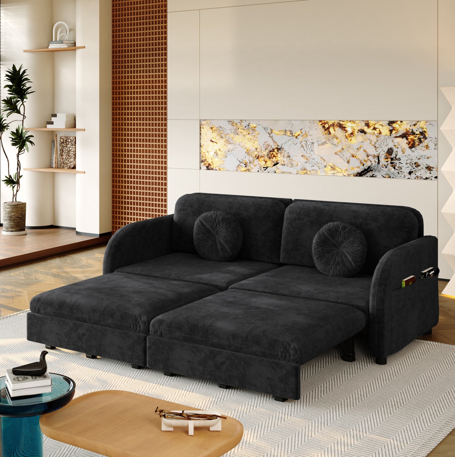 MODENUIT Slaapbank 166 x 84 x 90 cm - Uitschuifbaar met Zijvakken - Woonkamer - Chenille - Zwart