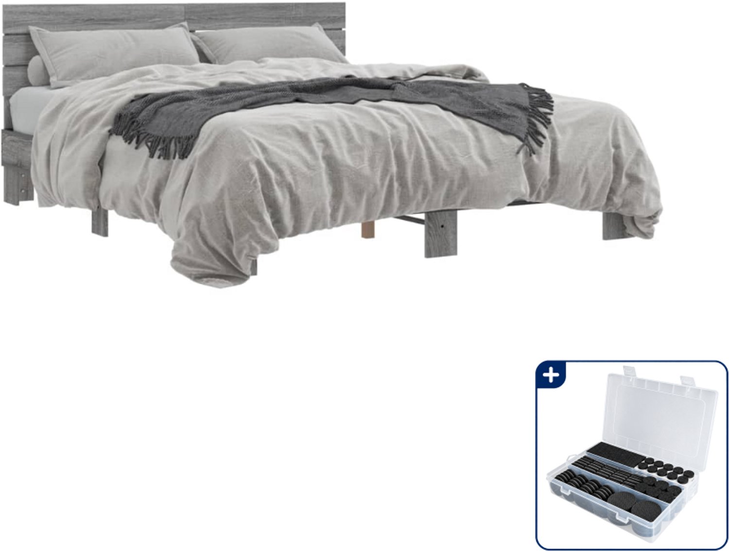vidaXL bedframe - 150 x 200 cm - grijs sonoma eiken - Inclusief antikrasvilt 177-delig Wit