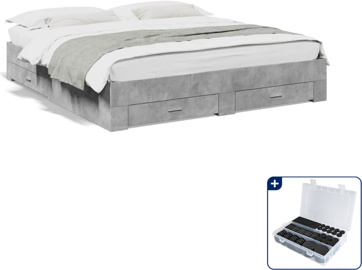 vidaXL Kingsize bedframe - 180 x 200 cm - bewerkt hout - betongrijs - Inclusief antikrasvilt 177-delig bruin