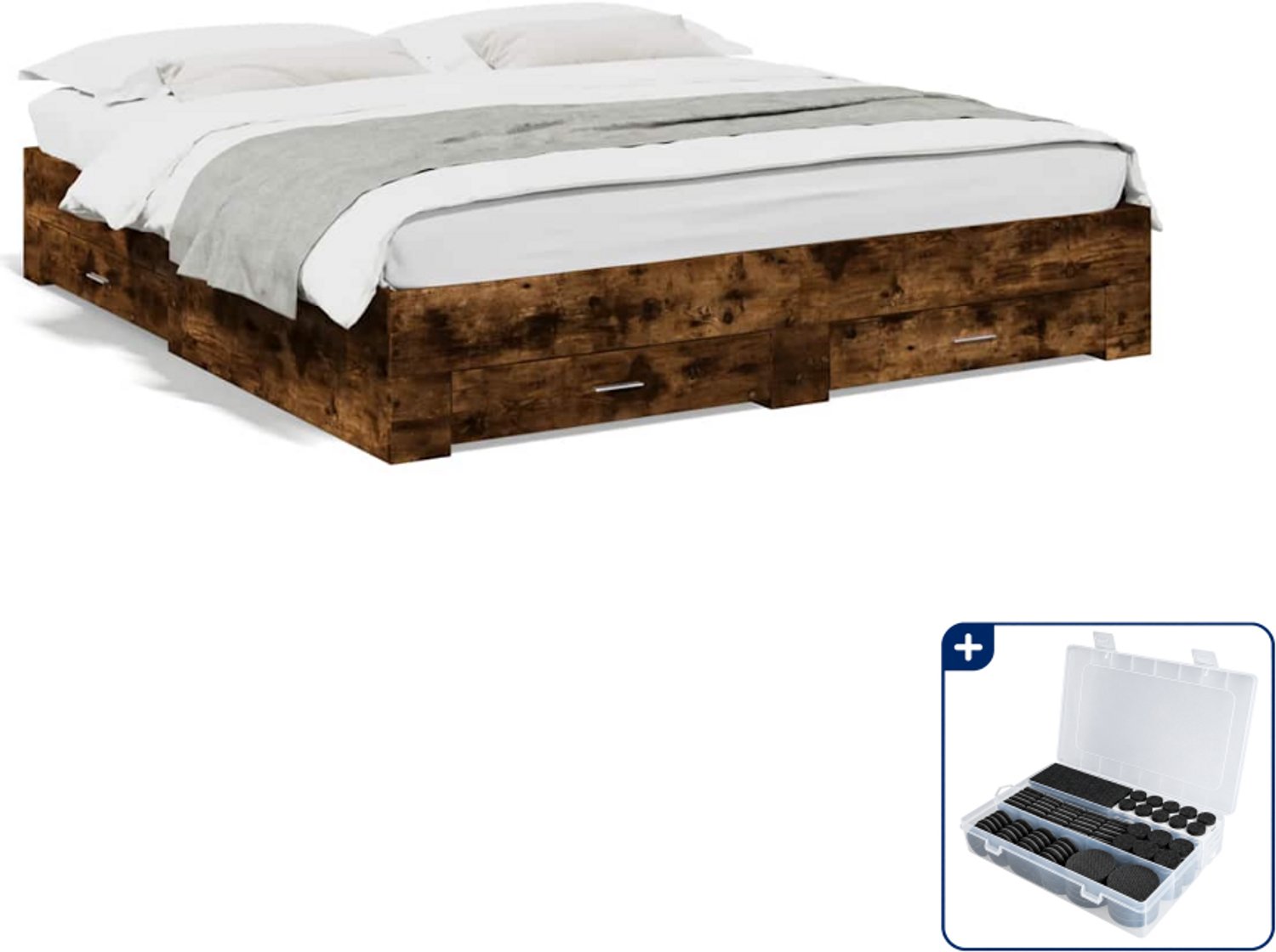 vidaXL Kingsize bedframe - 180 x 200 cm - gerookt eiken - Inclusief antikrasvilt 177-delig Bruin