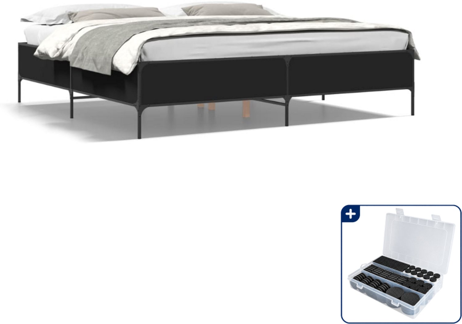 vidaXL bedframe - 200 x 200 cm - bewerkt hout en staal - zwart - Inclusief antikrasvilt 177-delig