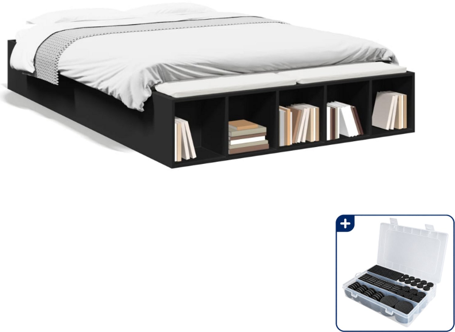 vidaXL bedframe - 135 x 190 cm - bewerkt hout - zwart - Inclusief antikrasvilt 177-delig