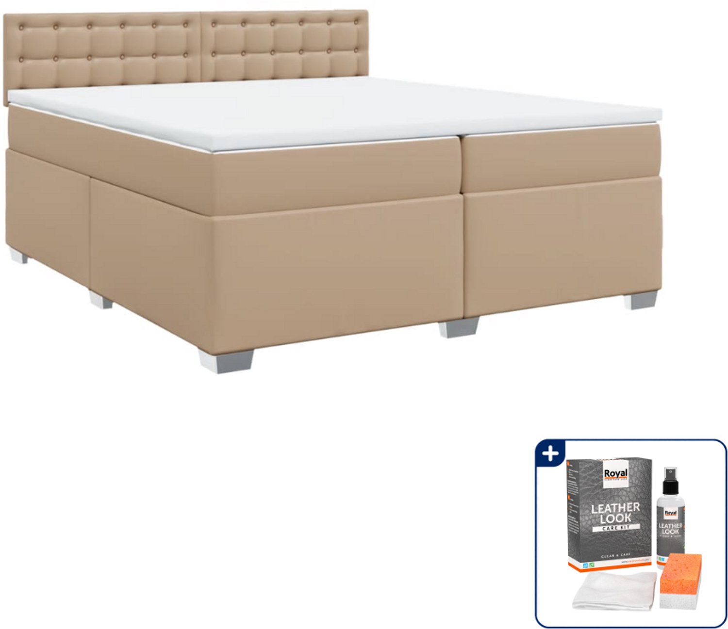 vidaXL Boxspring - Super kingsize - 200 x 200 cm - cappuccino - Inclusief onderhoudsset voor kunstleer 150 ml Bruin