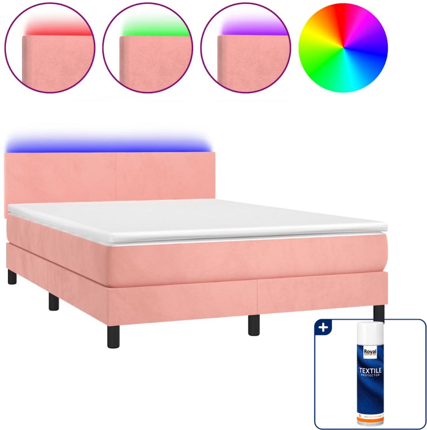 vidaXL Small double boxspring met matras en LED - 140 x 200 cm - roze - Inclusief textielbeschermer 500 ml