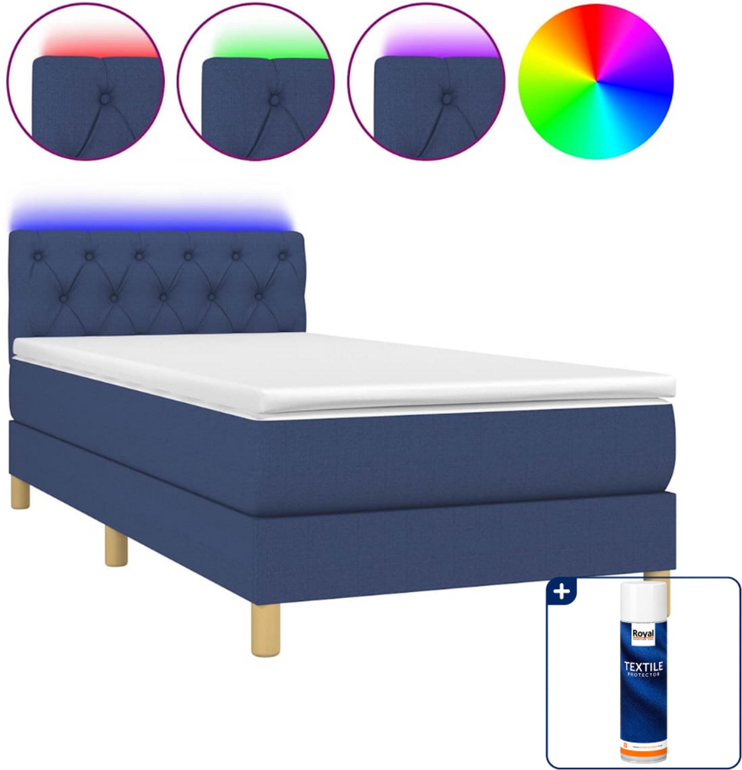 vidaXL boxspring met matras en LED - 80 x 200 cm - blauw - Inclusief textielbeschermer 500 ml