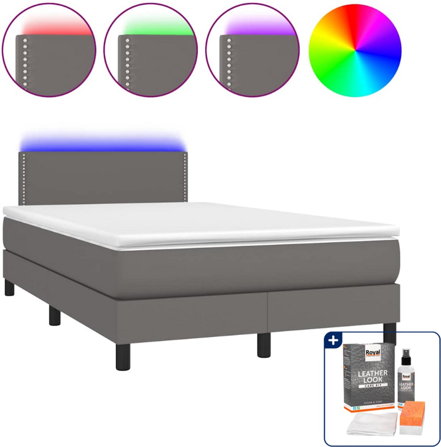 vidaXL boxspring met matras en LED - 120 x 200 cm - kunstleer - grijs - Inclusief onderhoudsset voor kunstleer 150 ml