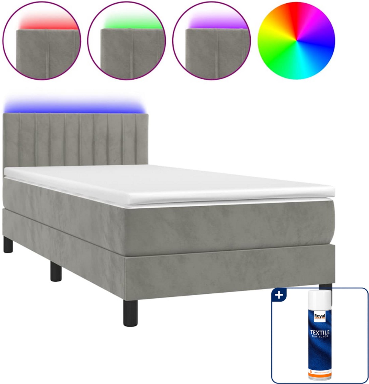 vidaXL boxspring met matras en LED - 100 x 200 cm - fluweel - lichtgrijs - Inclusief textielbeschermer 500 ml