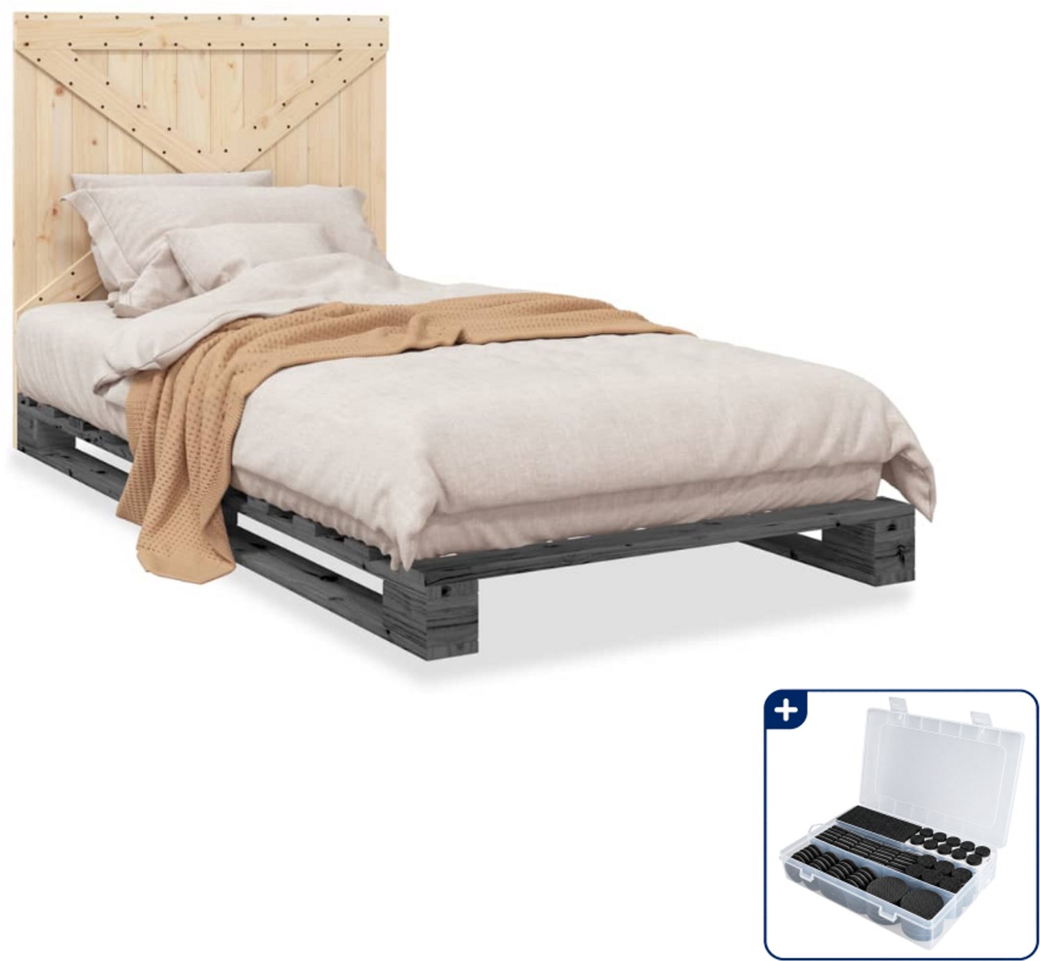 vidaXL bedframe met hoofdbord - 100 x 200 cm - massief grenenhout - grijs - Inclusief antikrasvilt 177-delig Bruin