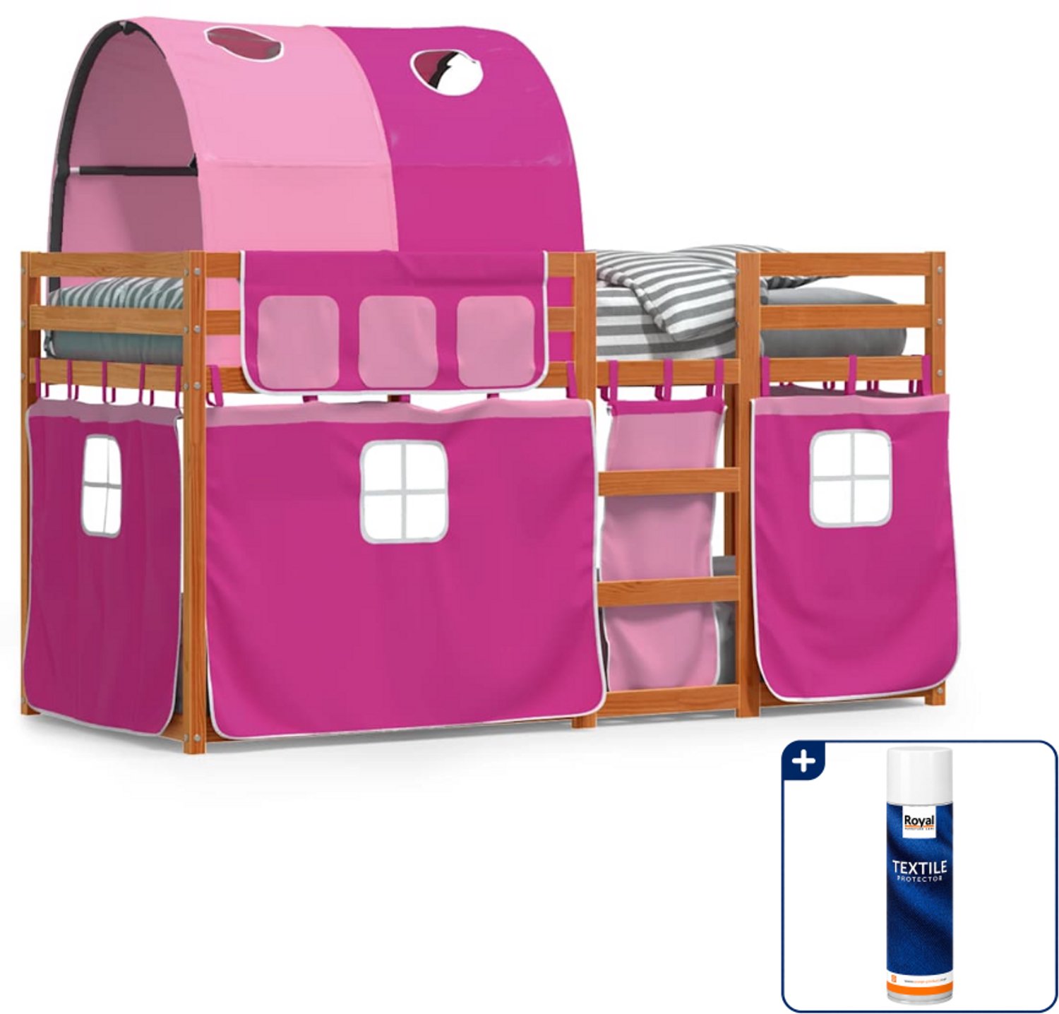 vidaXL stapelbed met gordijnen 90 x 190 cm - massief grenenhout - roze - Inclusief textielbeschermer 500 ml Grijs