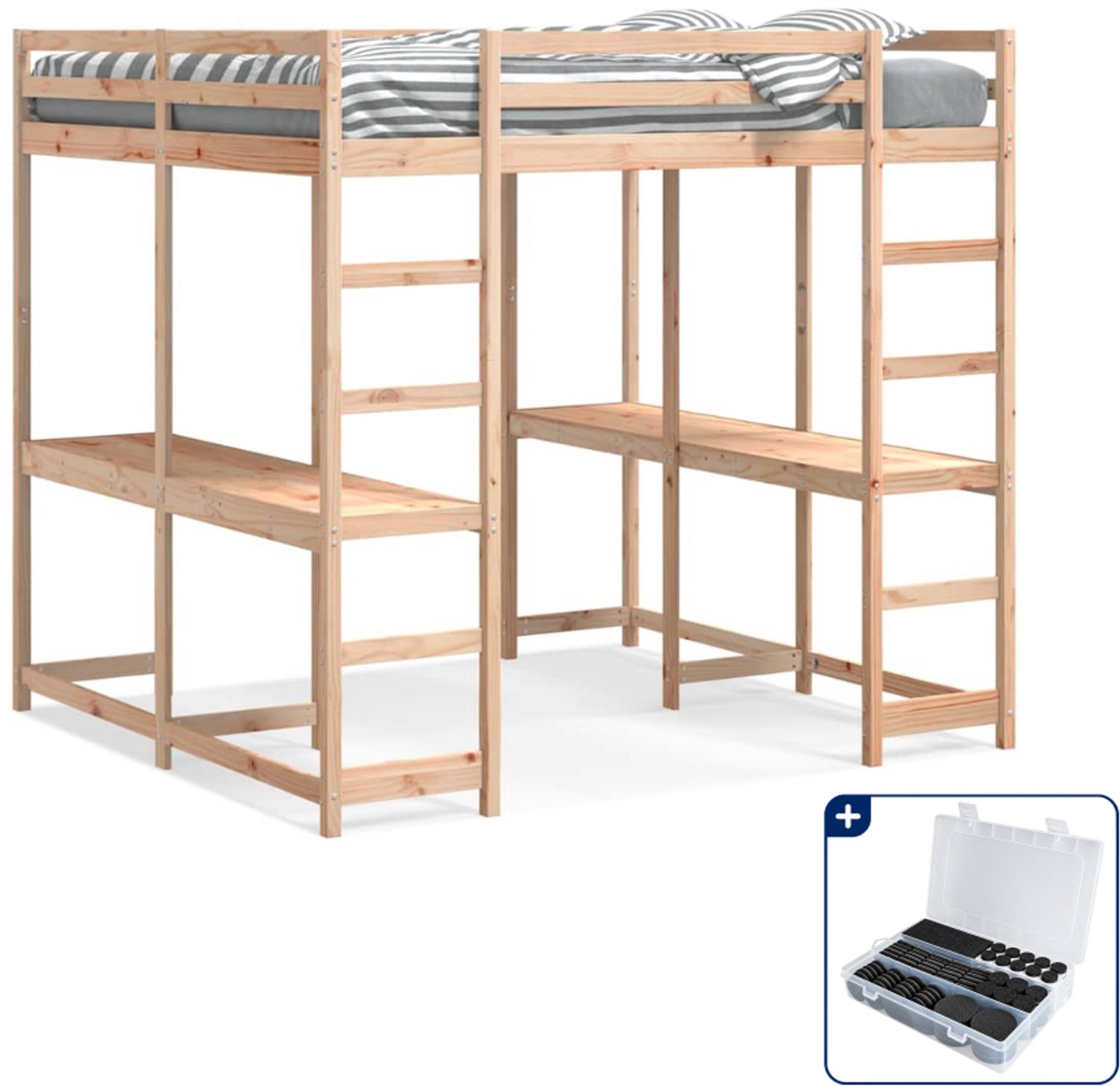 vidaXL hoogslaper met bureau - Queensize - 160 x 200 cm - grenenhout - Inclusief antikrasvilt 177-delig Blauw
