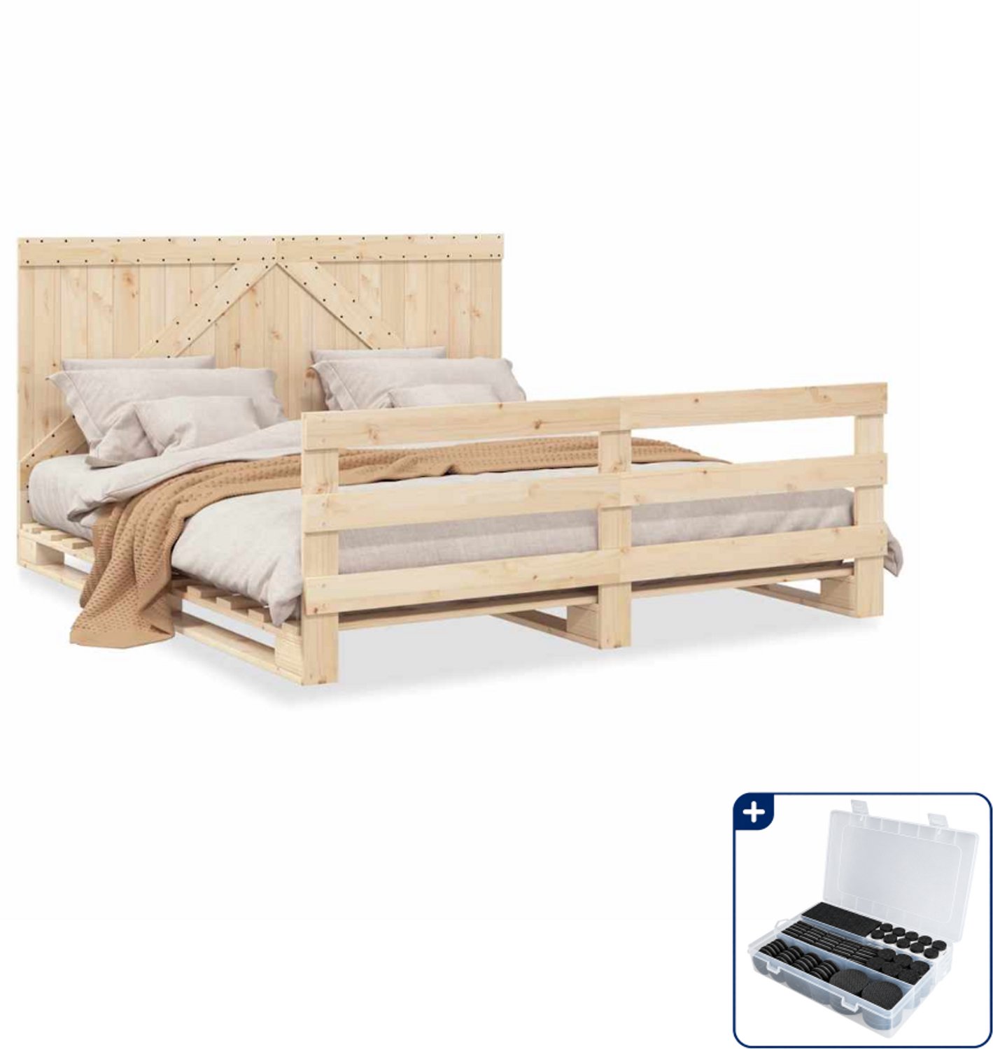 vidaXL Bedframe met hoofdbord - 200 x 200 cm - massief grenenhout - Inclusief antikrasvilt 177-delig Bruin