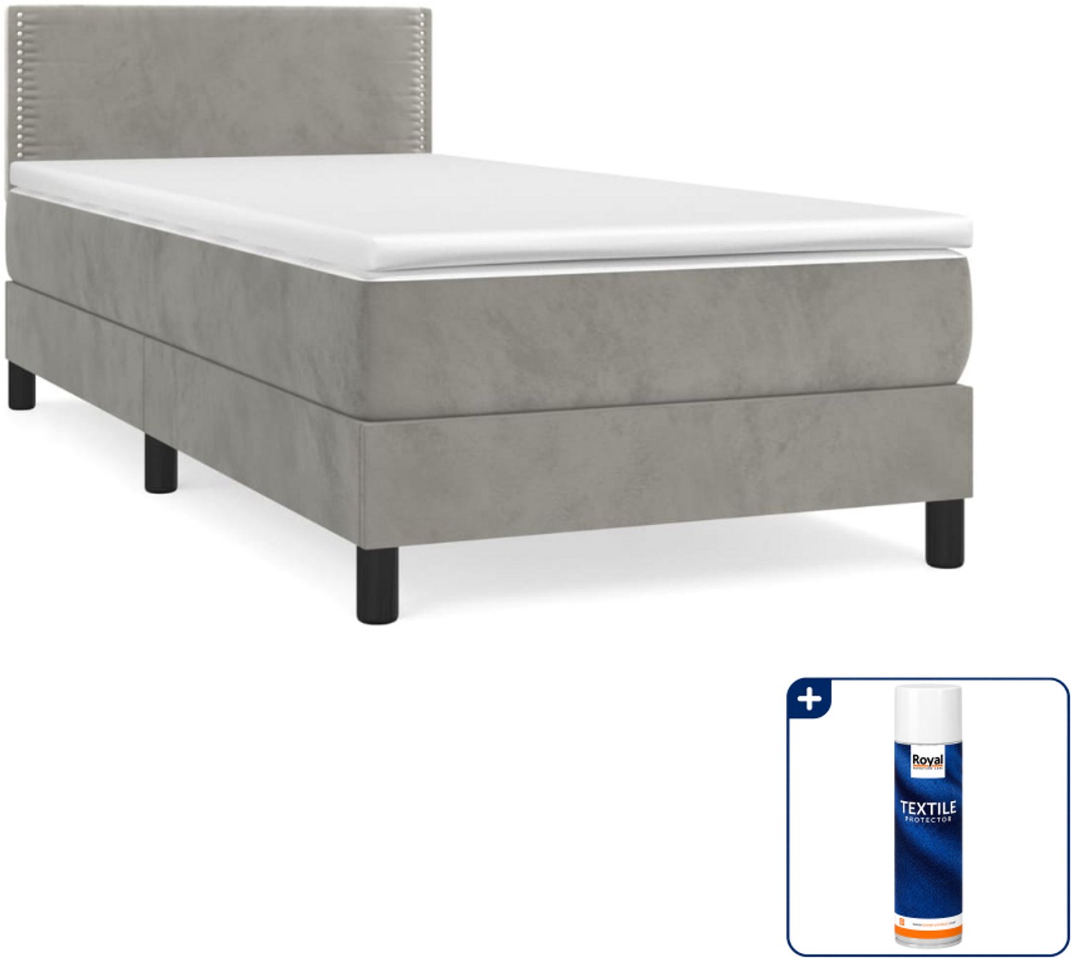 vidaXL boxspring met matras 90 x 190 cm - fluweel - lichtgrijs - Inclusief textielbeschermer 500 ml