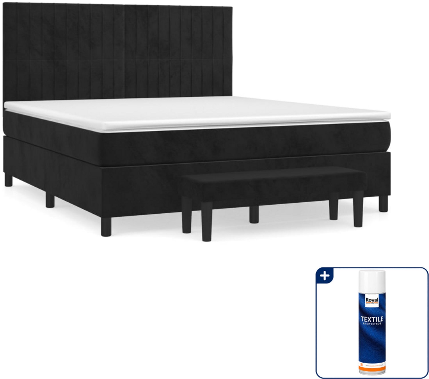 vidaXL Kingsize boxspring met matras en bankje - 180 x 200 cm - zwart - Inclusief textielbeschermer 500 ml