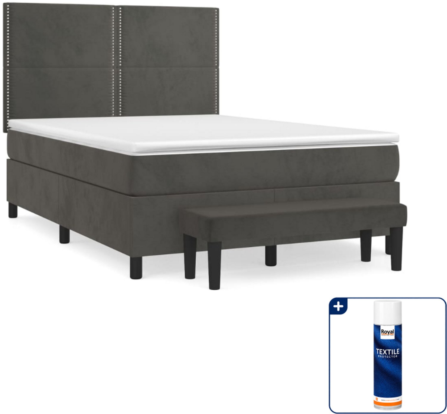 vidaXL boxspring met matras en bankje - 140 x 190 cm - fluweel - donkergrijs - Inclusief textielbeschermer 500 ml