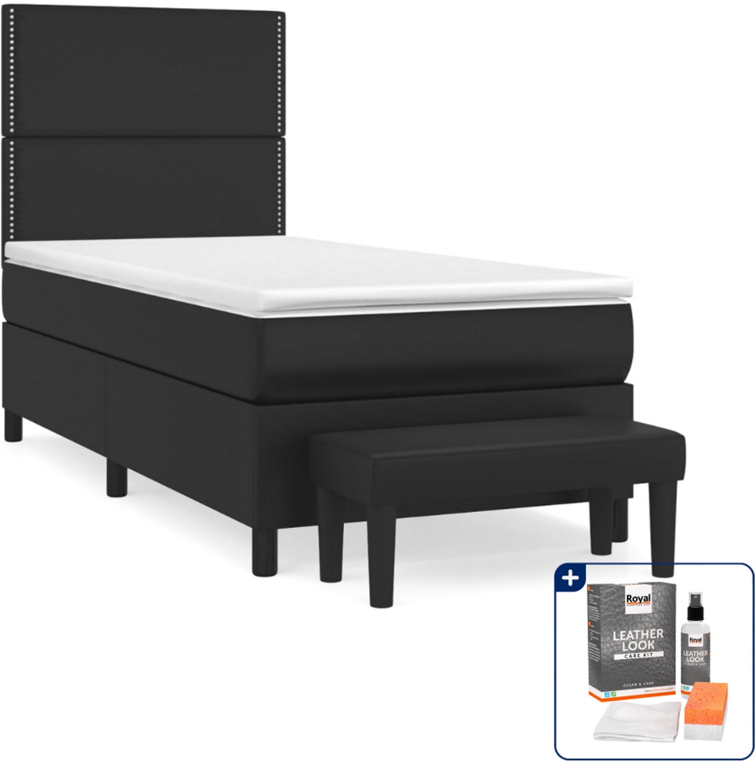 vidaXL boxspring met matras en bankje - 90 x 190 cm - zwart - Inclusief onderhoudsset voor kunstleer 150 ml