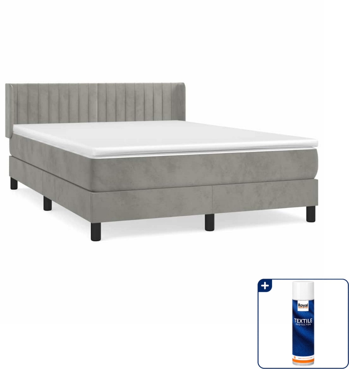 vidaXL boxspring met matras - 140 x 190 cm - fluweel - lichtgrijs - Inclusief textielbeschermer 500 ml