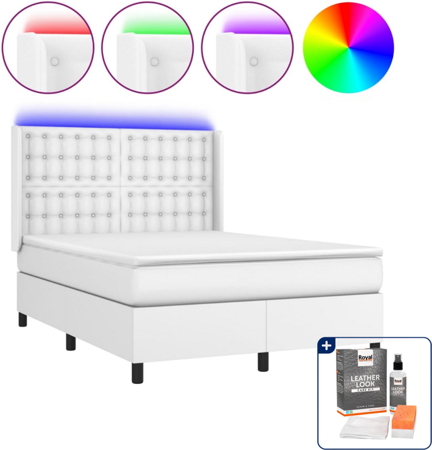 vidaXL Boxspring met matras en LED - 140 x 190 cm - wit - Inclusief onderhoudsset voor kunstleer 150 ml