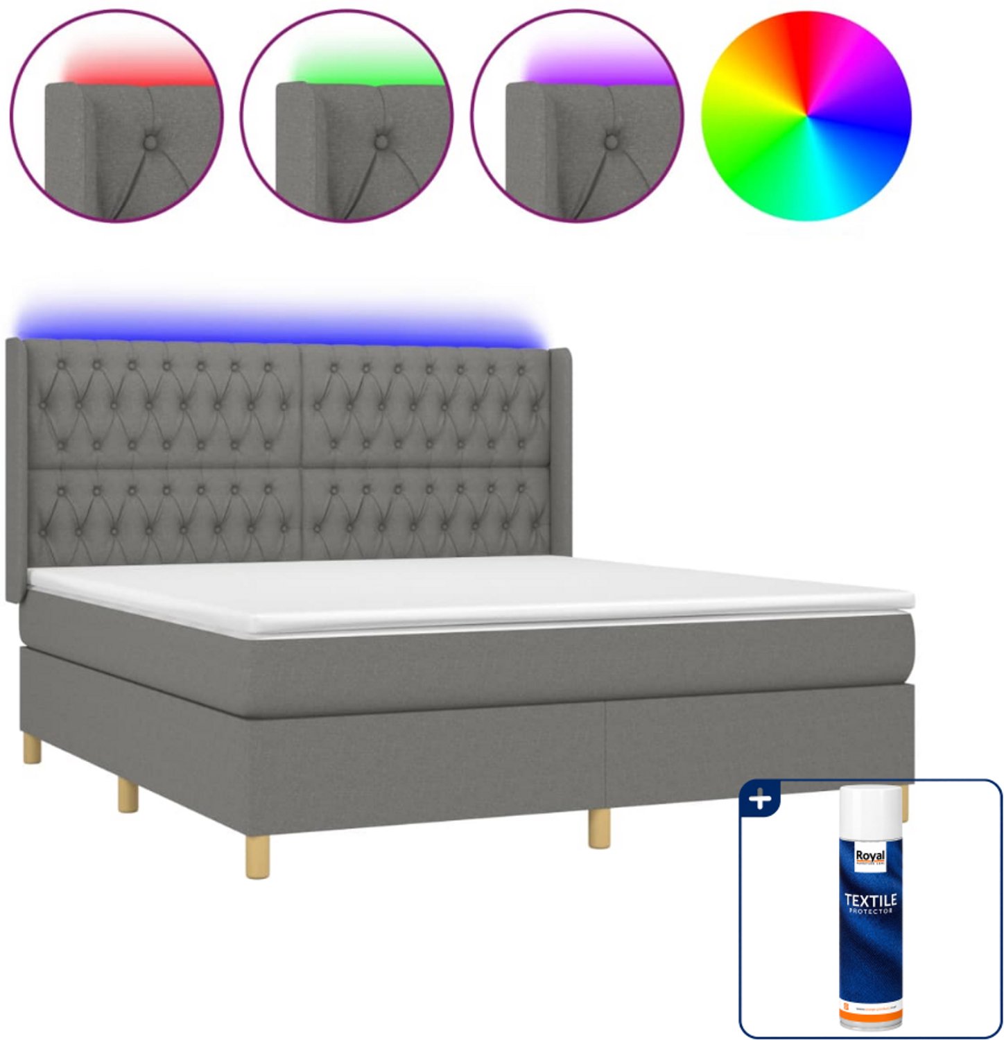vidaXL Queensize boxspring met matras en LED - 160 x 200 cm - donkergrijs - Inclusief textielbeschermer 500 ml