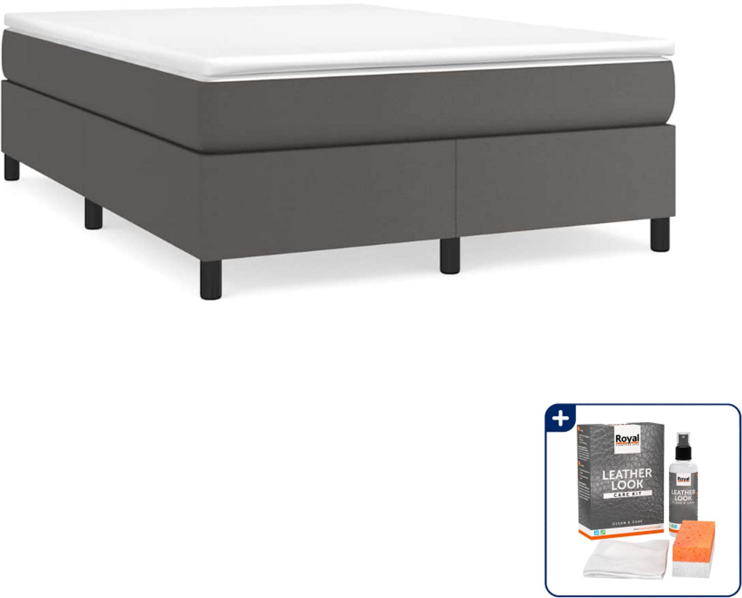 vidaXL boxspring met matras 140 x 190 cm - kunstleer - grijs - Inclusief onderhoudsset voor kunstleer 150 ml Zwart