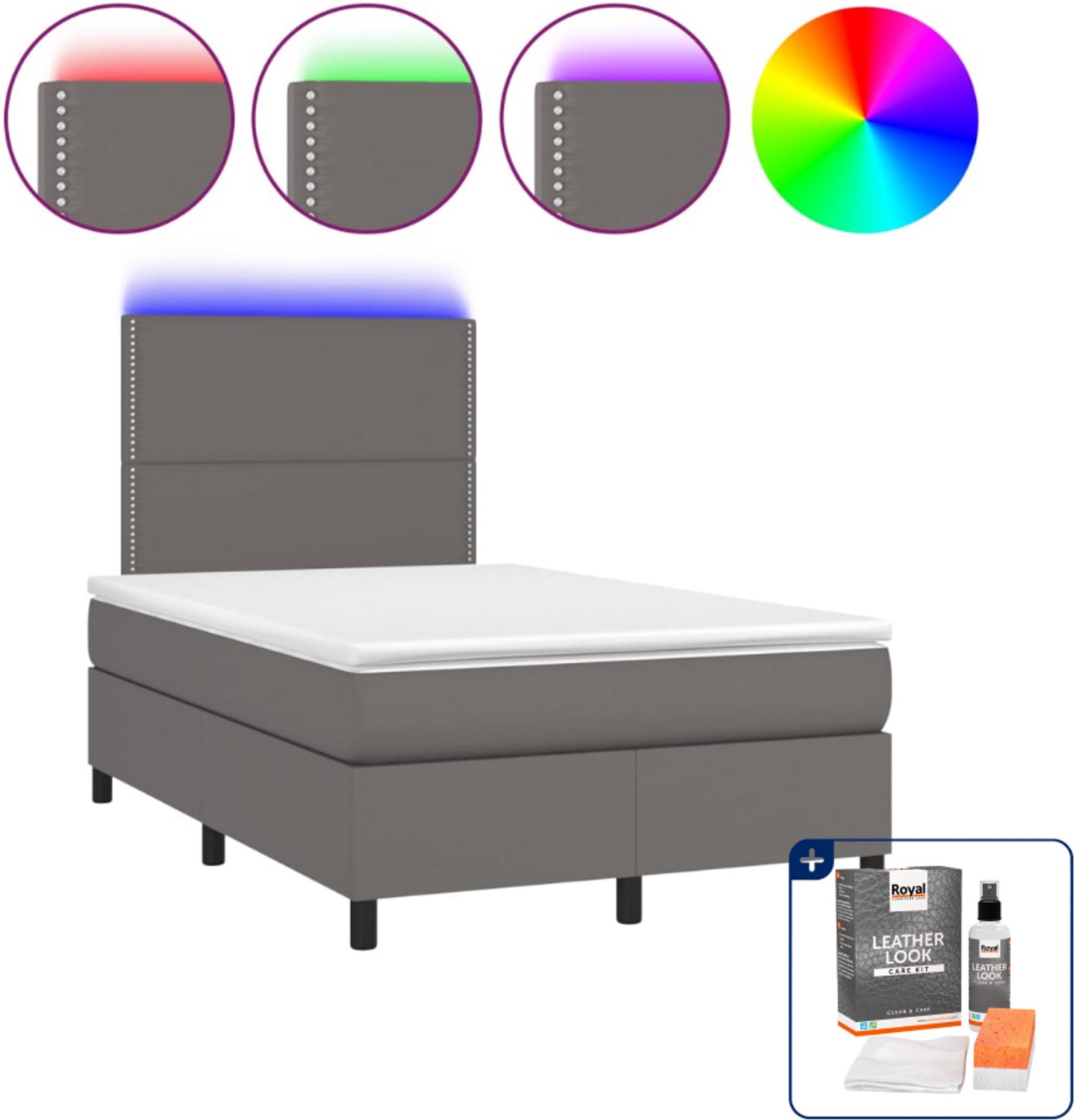 vidaXL boxspring met matras en led - 120 x 200 cm - kunstleer - grijs - Inclusief onderhoudsset voor kunstleer 150 ml