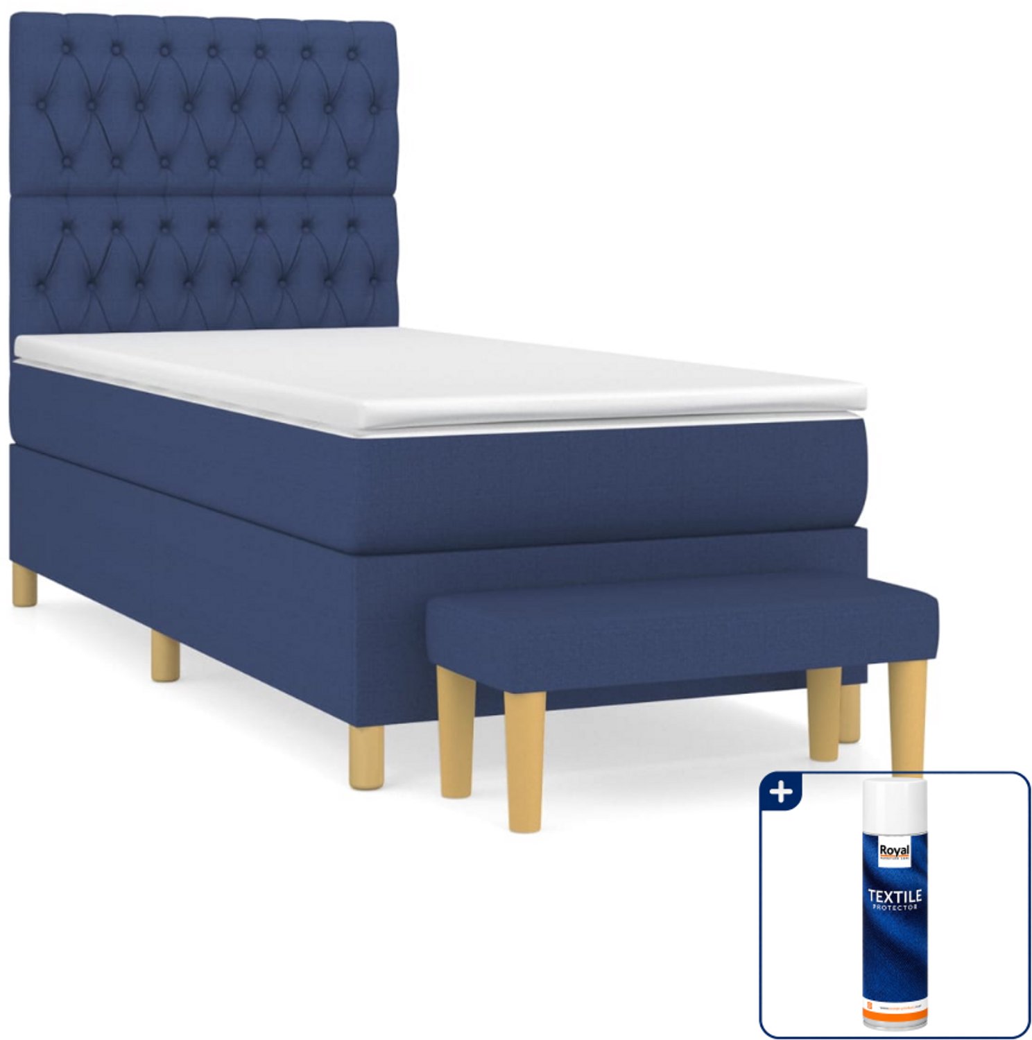 vidaXL boxspring met matras en bankje - 90 x 190 cm - blauw - Inclusief textielbeschermer 500 ml