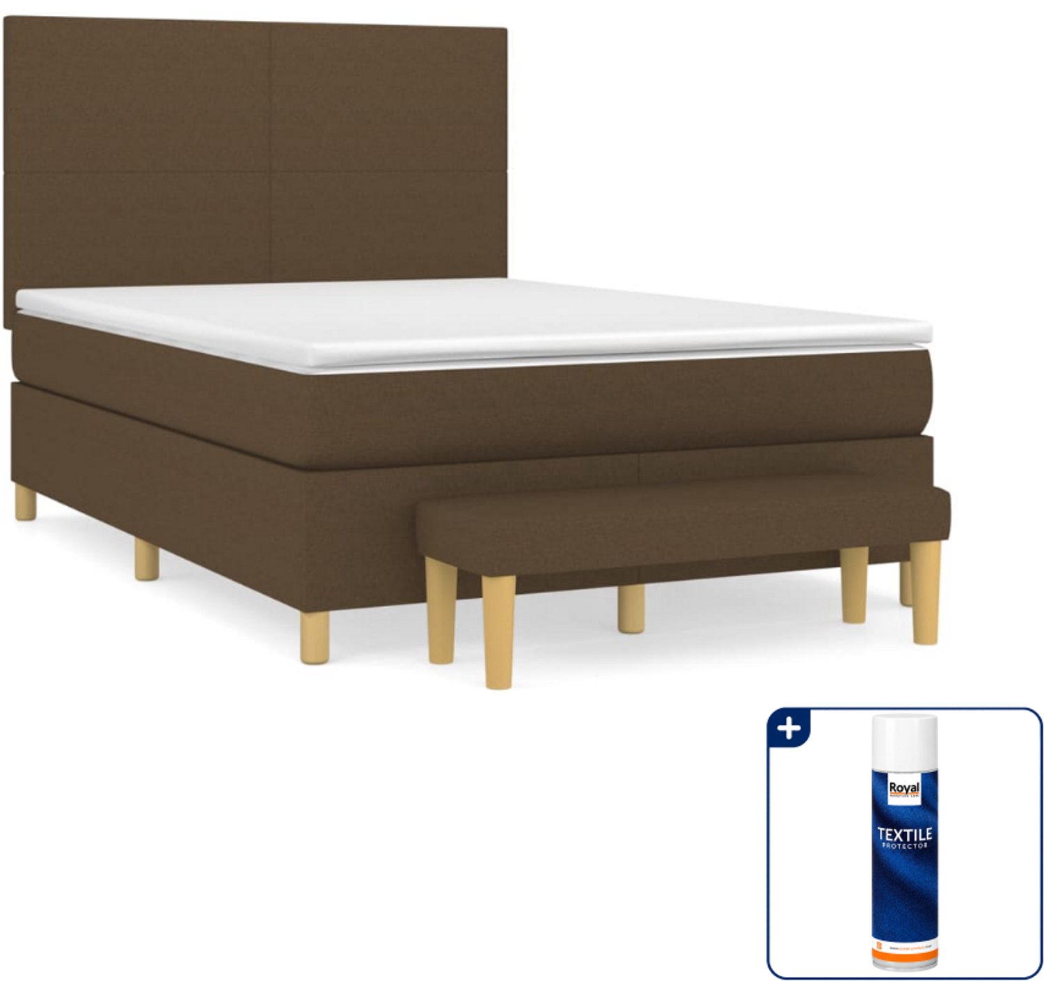 vidaXL boxspring met matras en bankje - 140 x 190 cm - donkerbruin - Inclusief textielbeschermer 500 ml