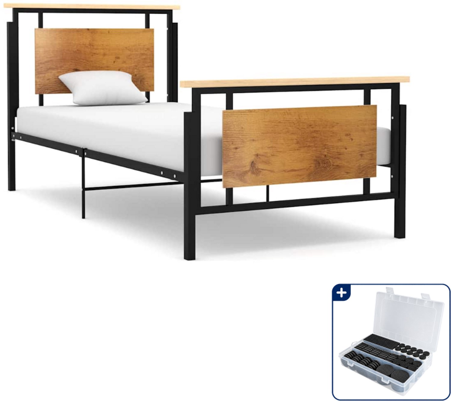 vidaXL bedframe - 90 x 200 cm - metaal en hout - zwart - Inclusief antikrasvilt 177-delig