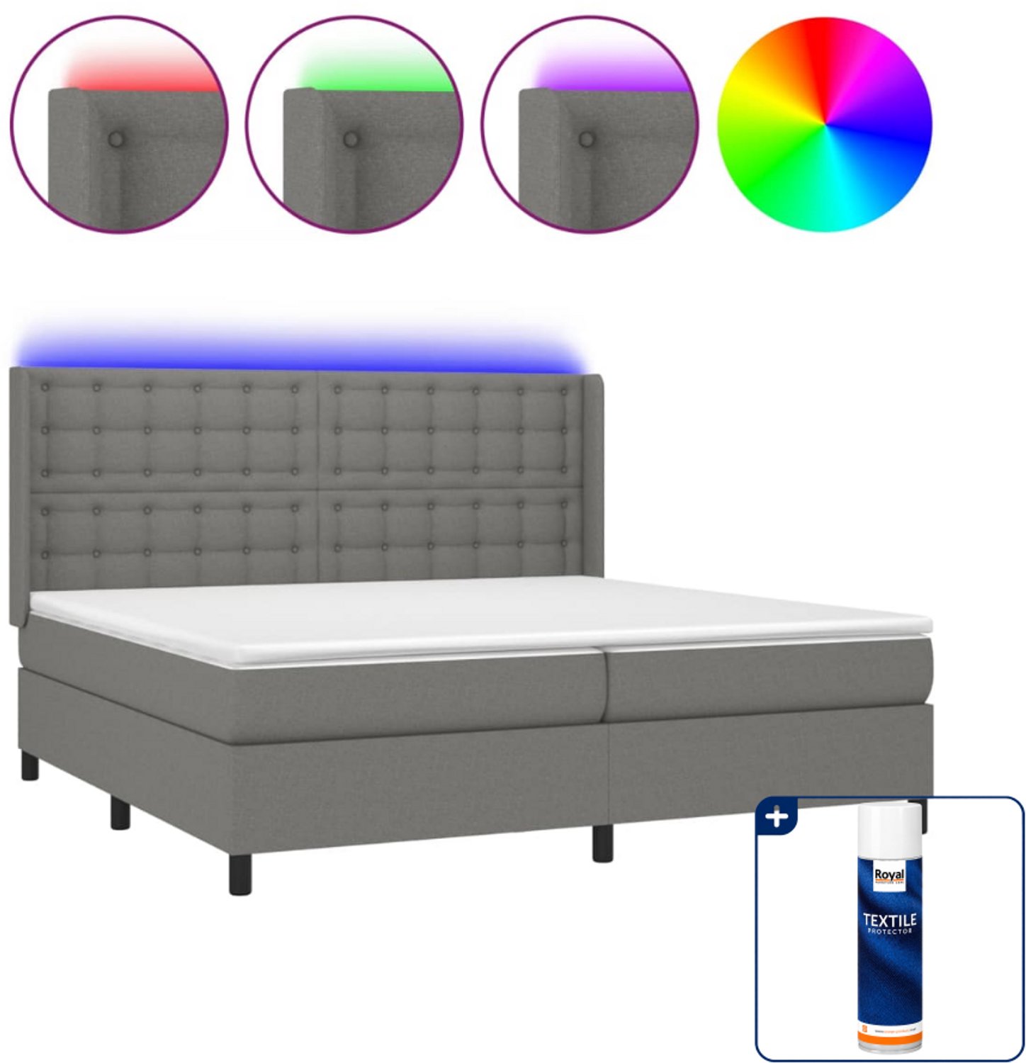 vidaXL Boxspring met matras en LED - Super kingsize - donkergrijs - Inclusief textielbeschermer 500 ml
