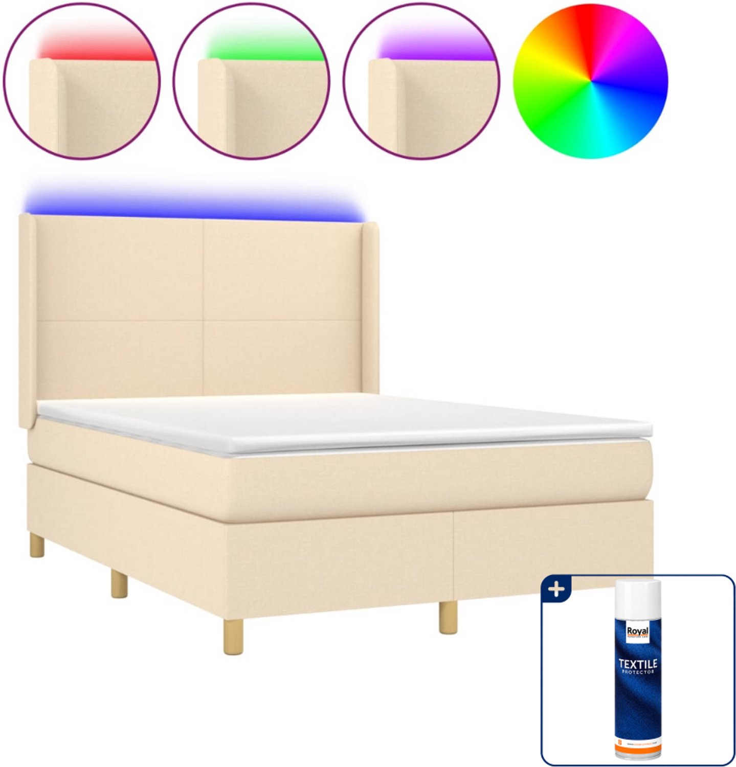vidaXL boxspring met matras en LED - 140 x 190 cm - crèmekleurig - Inclusief textielbeschermer 500 ml