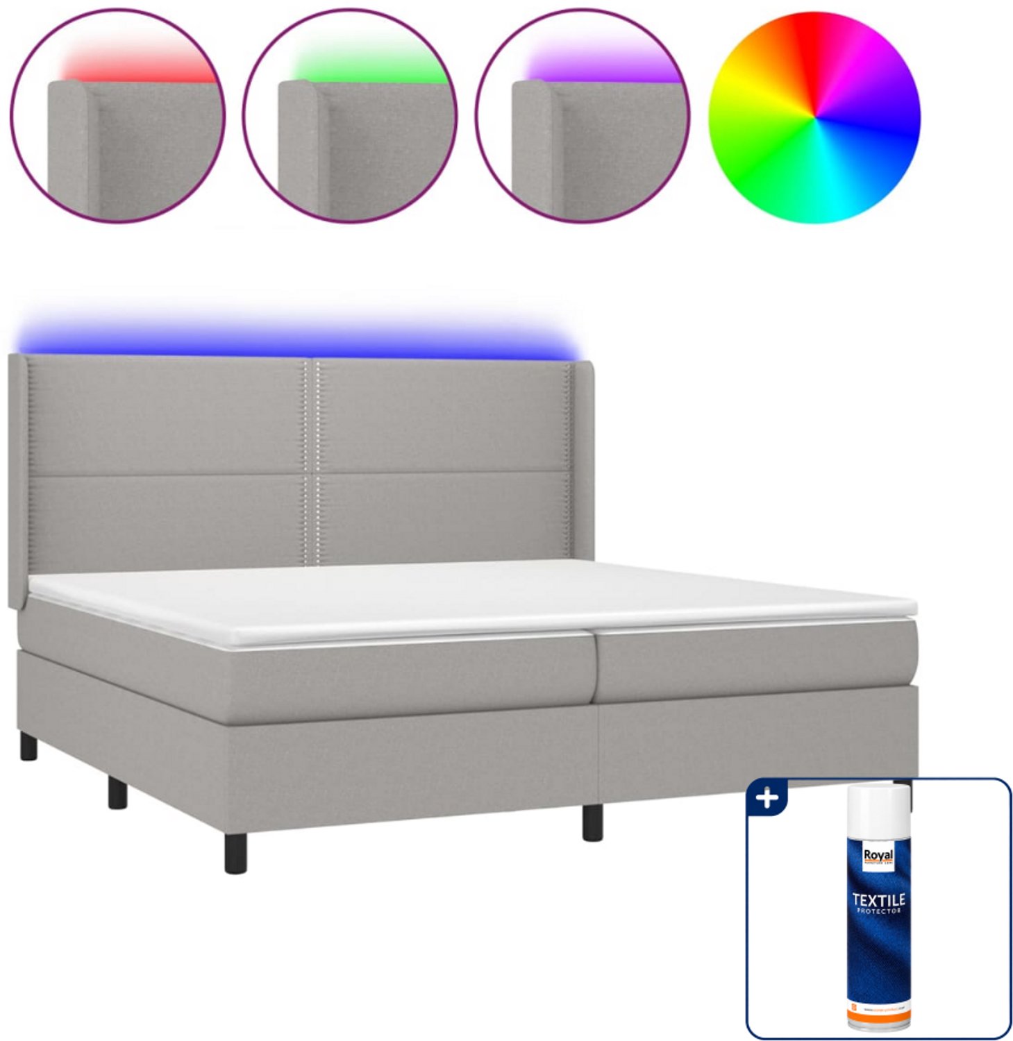 vidaXL Super kingsize boxspring met matras en LED - lichtgrijs - Inclusief textielbeschermer 500 ml
