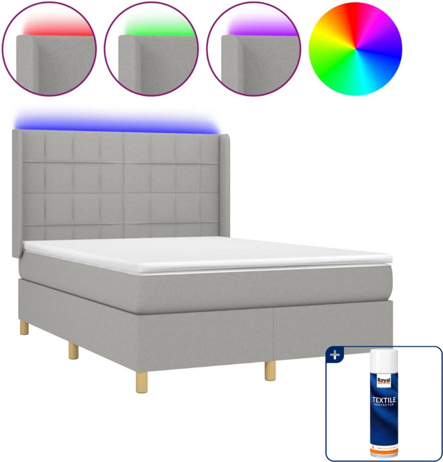vidaXL boxspring met matras en LED - 140 x 190 cm - lichtgrijs - Inclusief textielbeschermer 500 ml