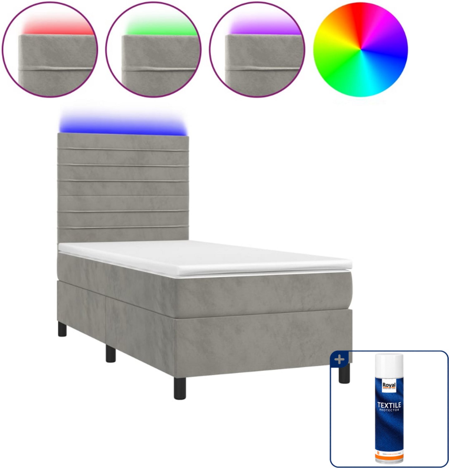 vidaXL boxspring met matras en led - 100 x 200 cm - fluweel - lichtgrijs - Inclusief textielbeschermer 500 ml