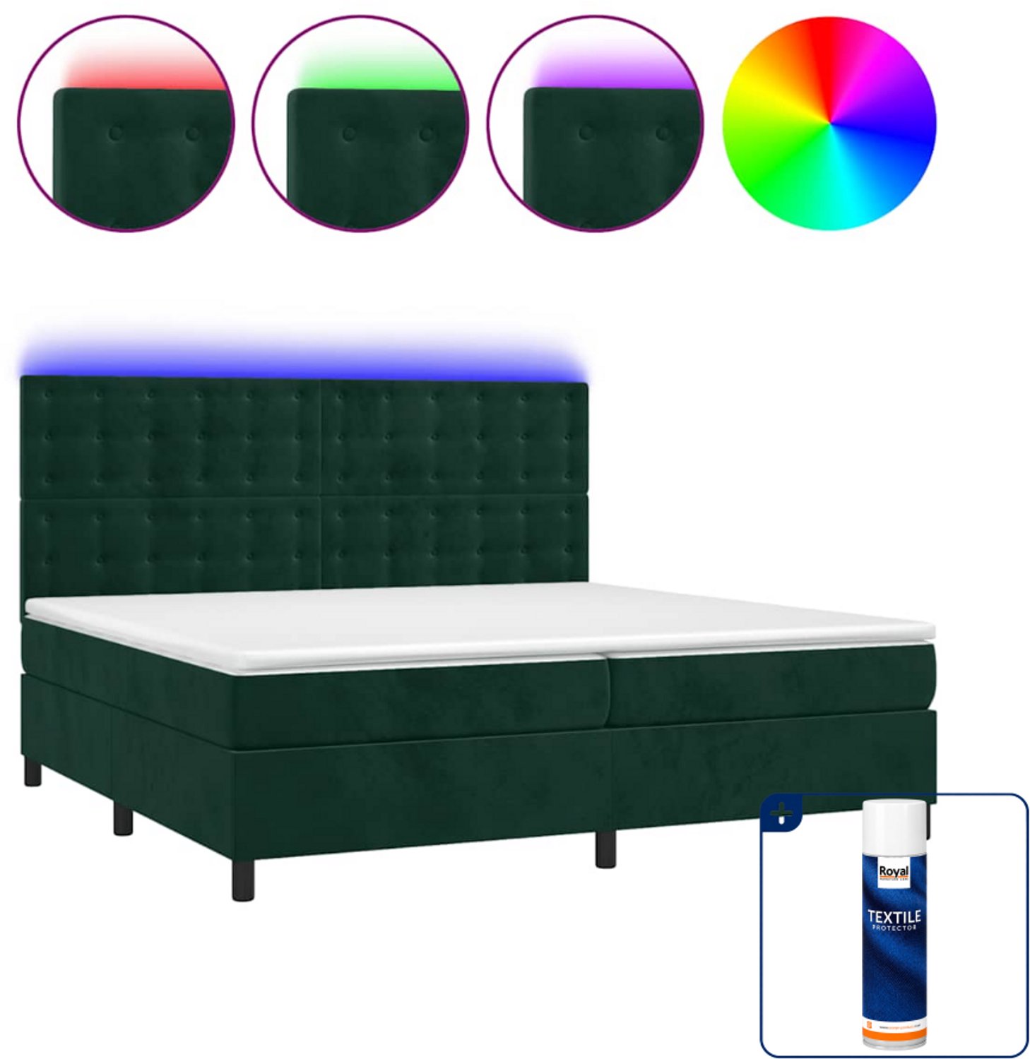 vidaXL Boxspring met matras en LED - 200 x 200 cm - fluweel - donkergroen - Inclusief textielbeschermer 500 ml